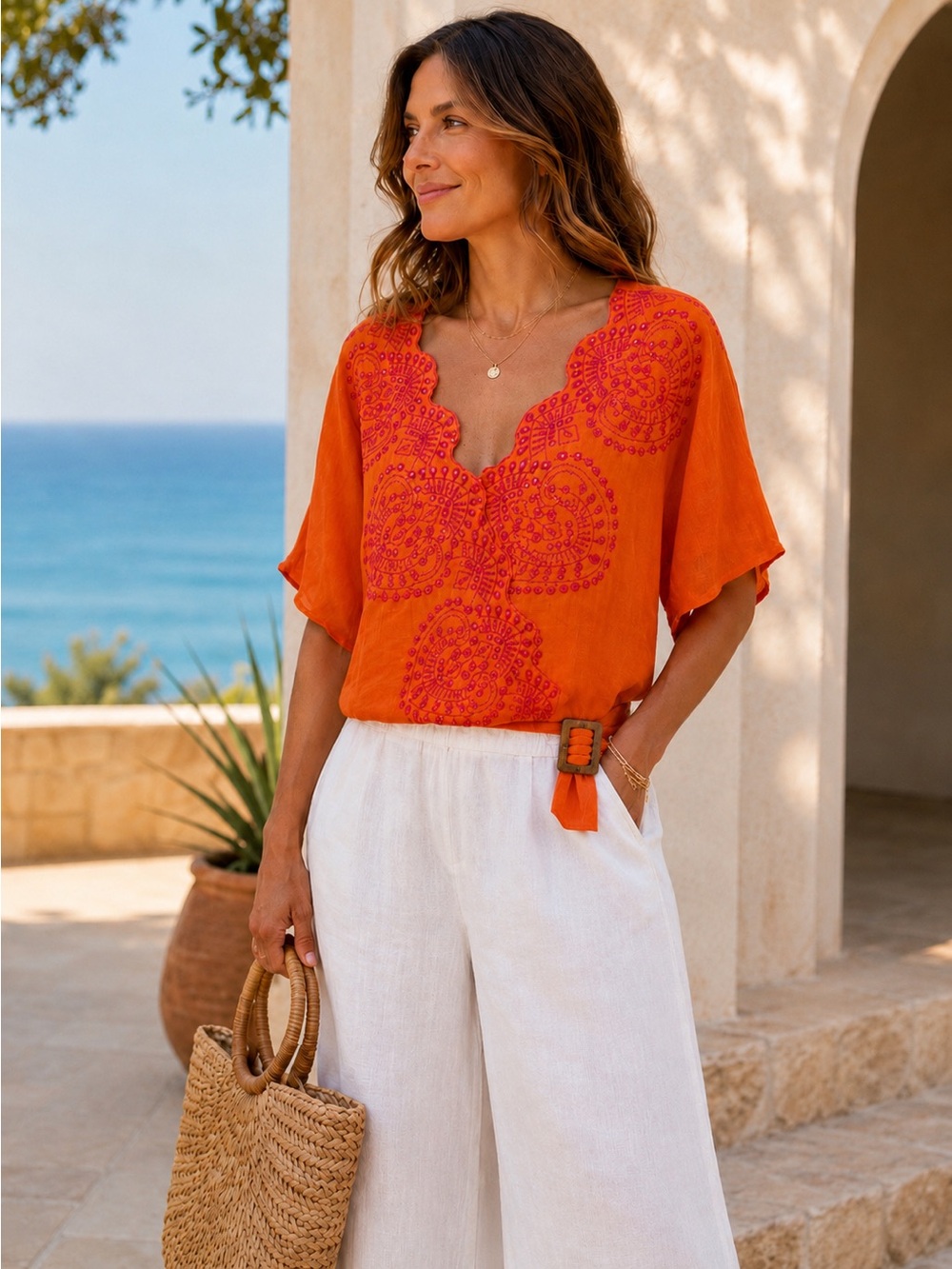 Fig & Flower XL Orange Embroidered Boho Resort Buckle Hem Blouse
